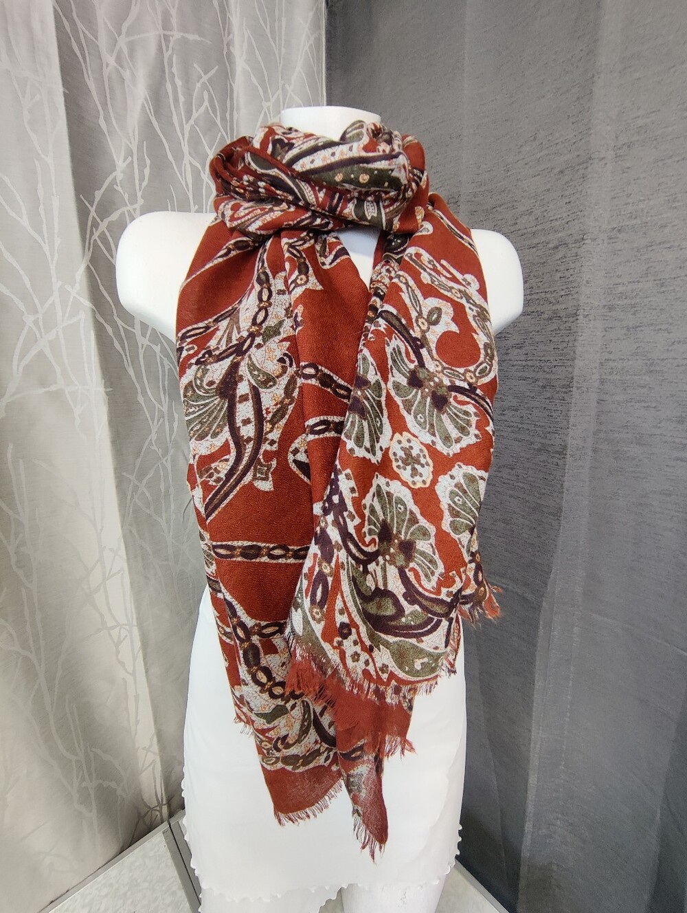 Naturally Knotty Oversized Scarf Wrap Shawl Rust Brown Boho Fringe 36x70